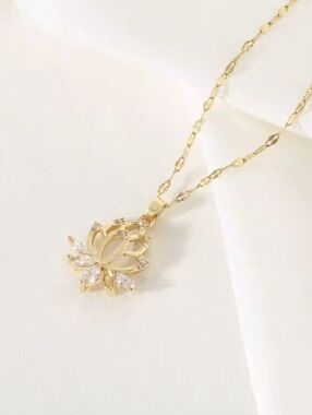 Gold Lotus Flower Pendant Necklace | Zircon Crystal Jewelry